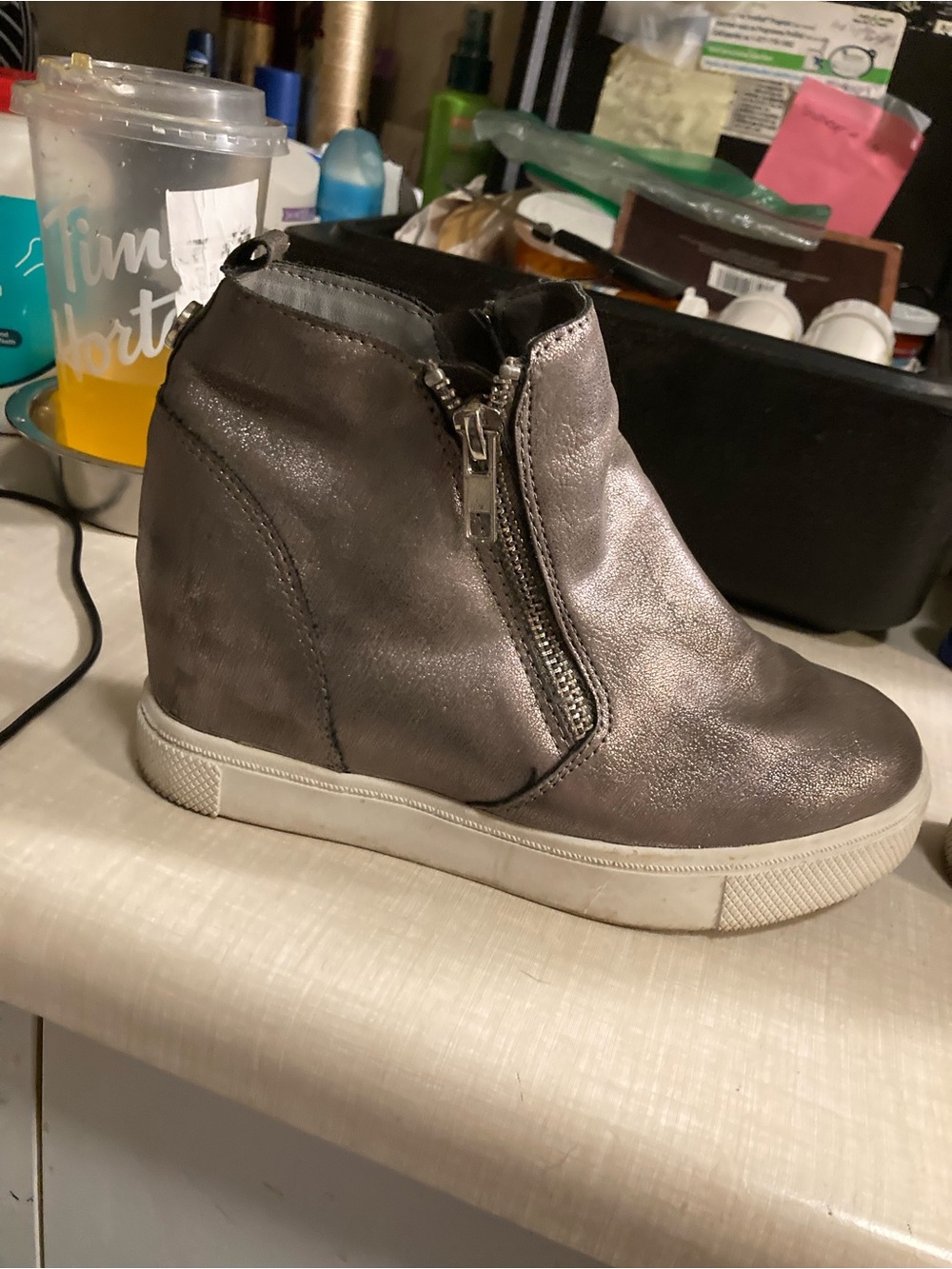 Steve Madden Metallic Pewter High-Top Wedge Sneakers with White Sole - Picture 8 of 16